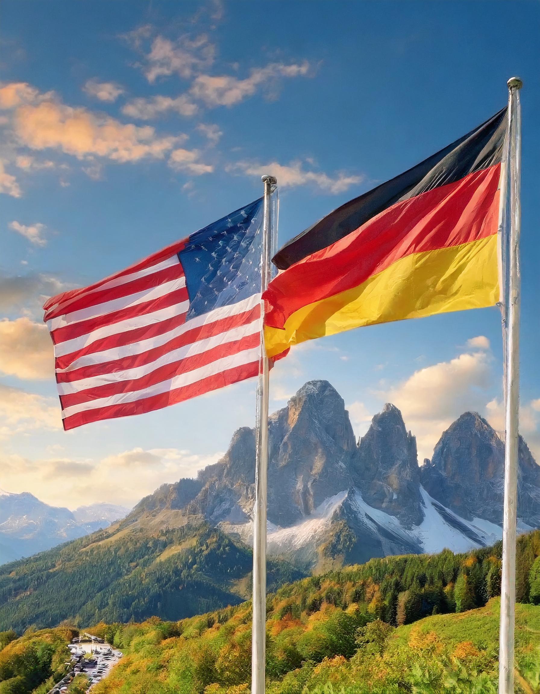 Firefly Eine Deutsche Flagge und eine Amerikanische Flagge vor blauen Himmel. Keine Menschen, nur di